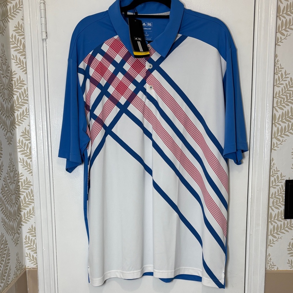 NWT Adidas CLIMALITE Blue and White Polo with Red Accents Men Size XL